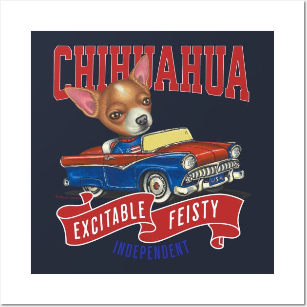 Funny and cute Chihuahua dog in a vintage retro classic car with red white and blue flags tee Wall Art by Danny Gordon Art
